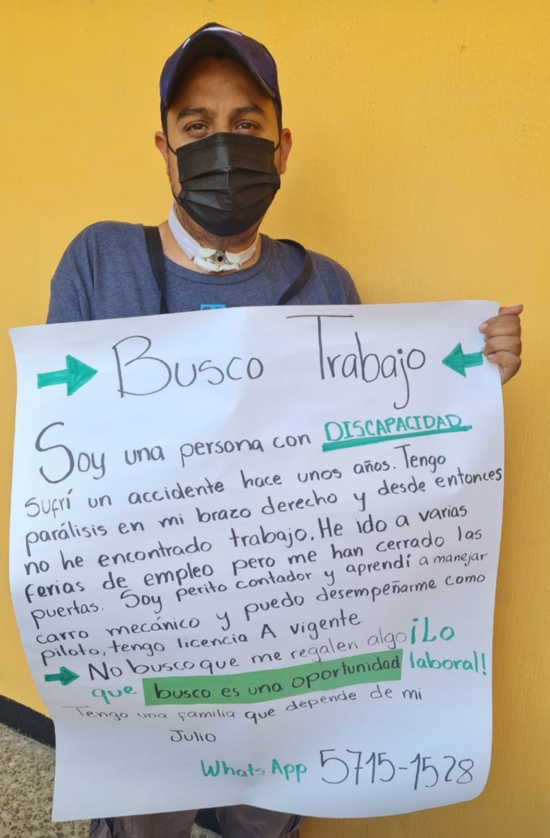 Julio sobrevivió a un accidente que le costó la movilidad de su brazo y hoy busca una oportunidad laboral imagen