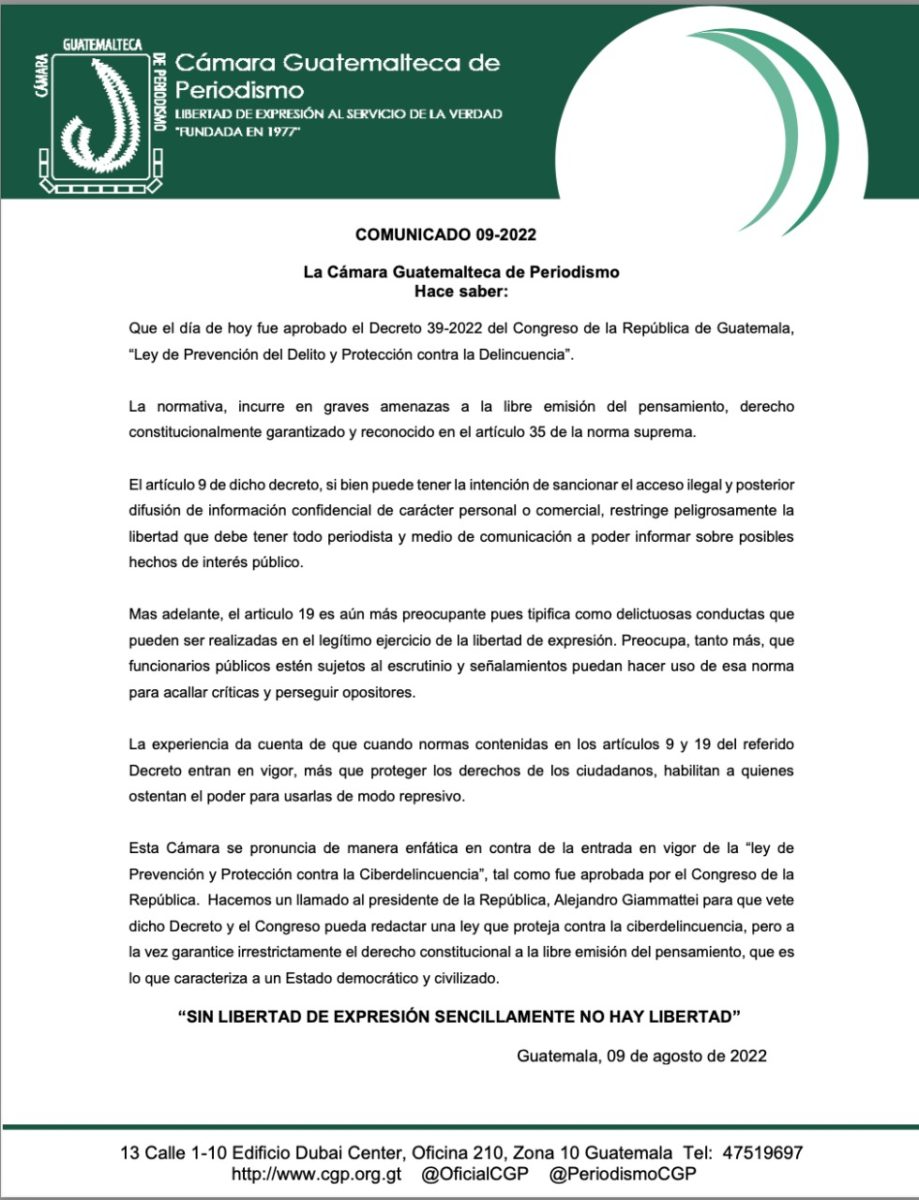 Cámara Guatemalteca de Periodismo rechaza  el decreto 39-2022 del Congreso de la República de Guatemala, “Ley de Prevención y Protección contra la Ciberdelincuencia” que amenaza a la libre emisión del pensamiento imagen