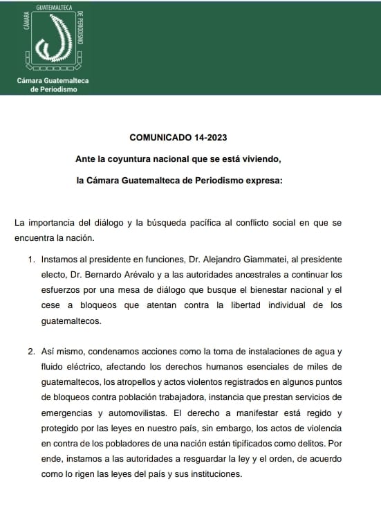 Cámara Guatemalteca de Periodistas llama al diálogo y la búsqueda pacífica al conflicto social imagen