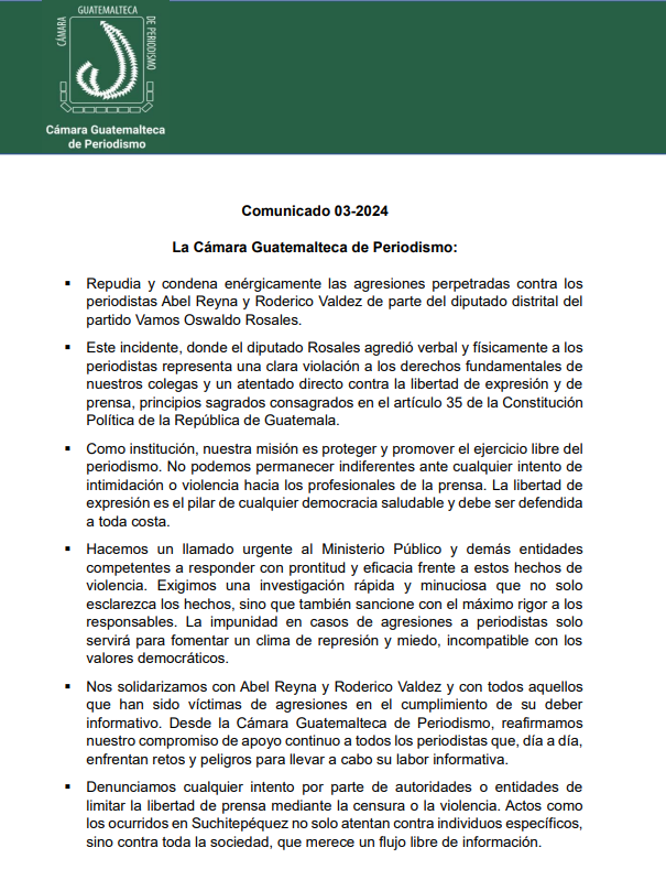Cámara Guatemalteca de Periodismo repudia y condena agresiones a periodista imagen