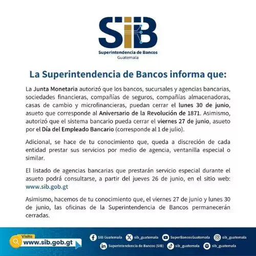 Atención: los bancos en Guatemala cerrarán el 27 y 30 de junio 2025 imagen
