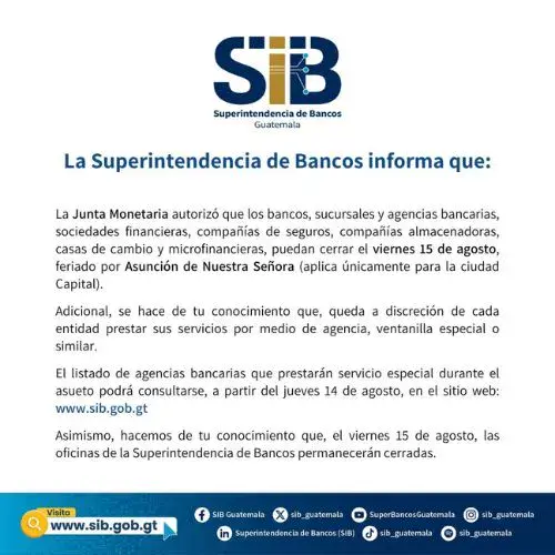 Bancos en Ciudad de Guatemala no atenderán el 15 de agosto por el Día de la Asunción imagen